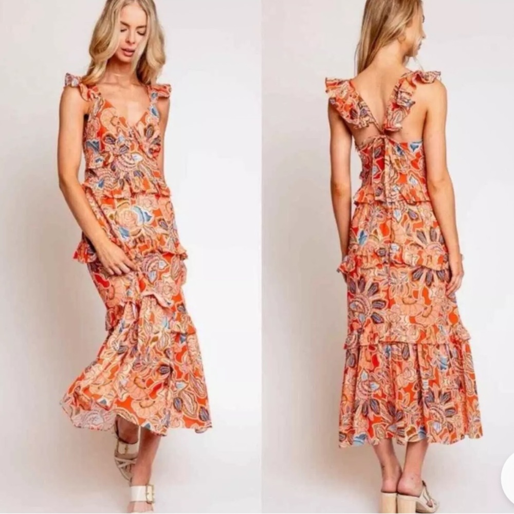 NWT $330 Misa Los Angeles Morrison Maxi Tie Back Dress Tangerine Floral Small